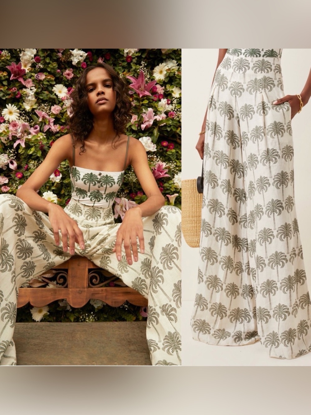 Agua by Agua Bendita Ivory Palm-Print Wide Leg pants trouser in size Small
